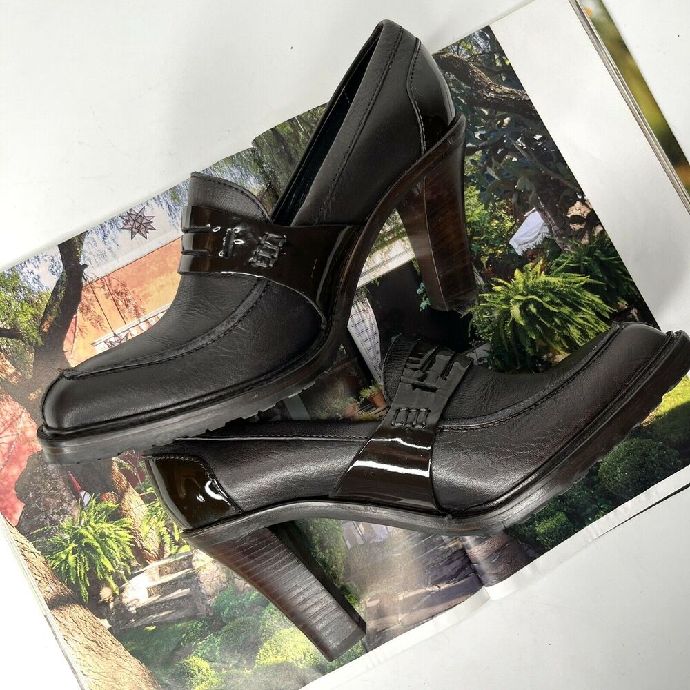 NavyBoot Dark Brown Italian Leather Chunky Heel Loafer Pumps size 37 (6.5)